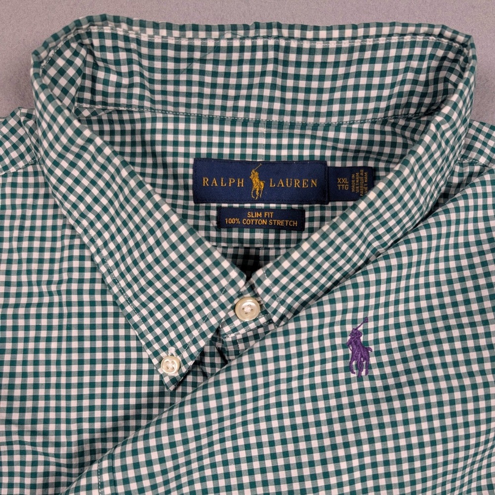 Ralph Lauren Button Down Shirt Mens XXL Green Gingham Slim Fit Stretch Pony - Picture 1 of 10